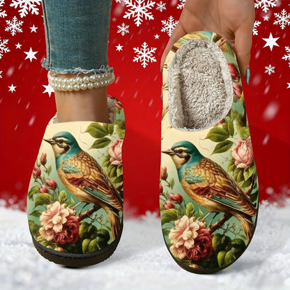 Damen-Fleecehausschuhe mit Vogel- und Rosenmotiv – Ansicht 1