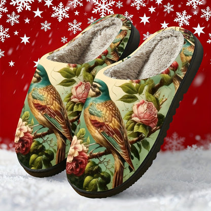 Damen-Fleecehausschuhe mit Vogel- und Rosenmotiv – Ansicht 3