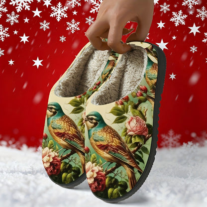 Damen-Fleecehausschuhe mit Vogel- und Rosenmotiv – Ansicht 4